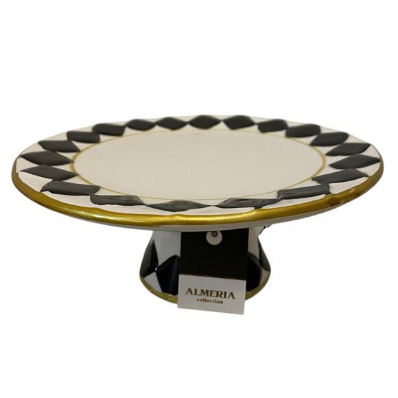 Almeria 8in Checkered Cake Stand Black White Ceramic MacKenzie Style Decor New - Picture 11 of 13
